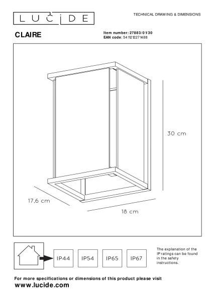 Lucide CLAIRE - Lámpara de pared Dentro/Fuera - 1xE27 - IP54 - Antracita - técnico